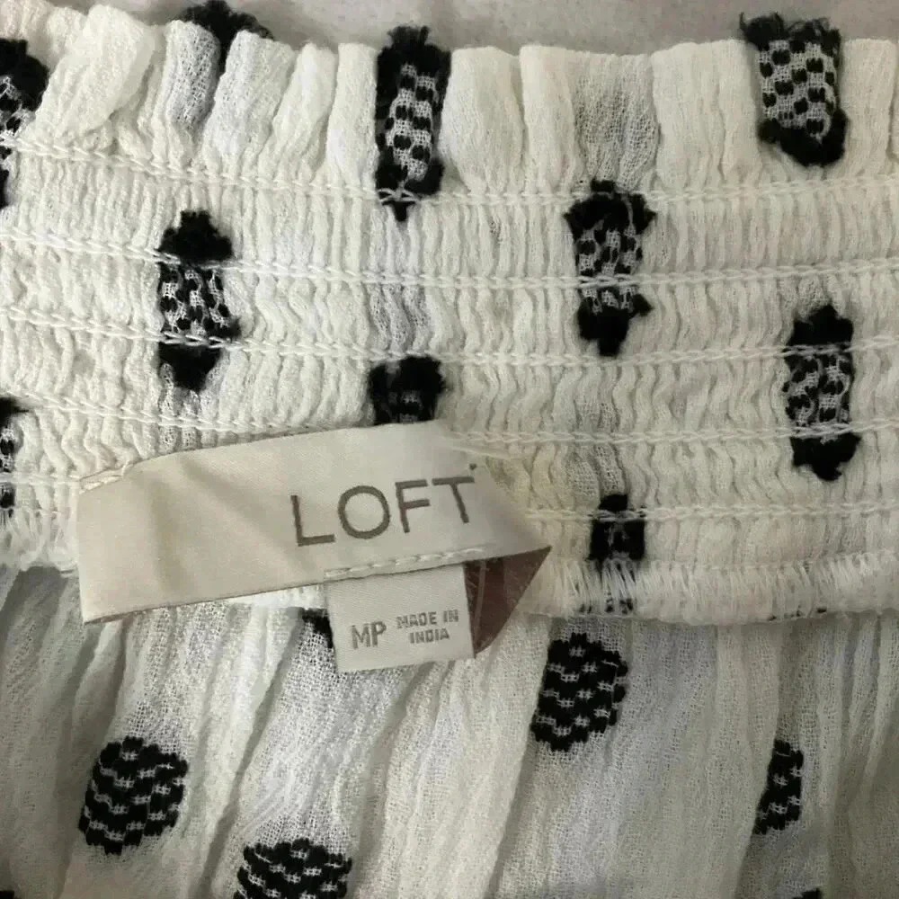 LOFT Black White Patterned Square Neck Short Puff Sleeve Peasant‎ Blouse Size MP